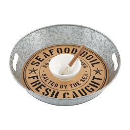 Seafood Boils serving tray with sauce bowl and oyster shaped spoon