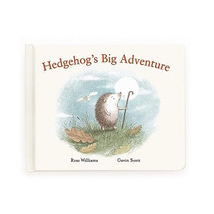 Book cover of 'Hedgehog's Big Adventure' with an illustration of a hedgehog and a walking stick on a grassy field.