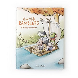 Book cover of 'Riverside Ramblers' with cartoon animals on a raft.