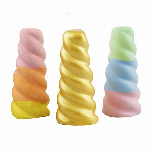 Three colorful spiral unicorn like sticks of sidewalk chalke