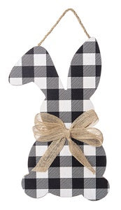Black and white checkered bunny-shaped sign with a bow on a white background