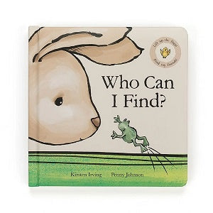 Children's book titled 'Who Can I Find?' with a rabbit and frog illustration