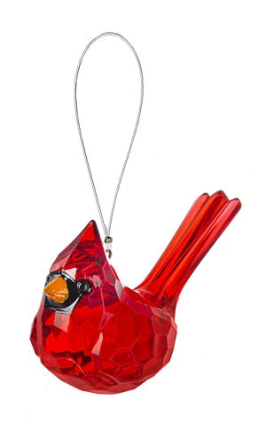 Red glass cardinal bird ornament on a white background