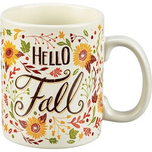 Floral mug with 'Hello Fall'