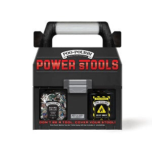 Poo-Pourri Power Stools packaging with branding and product images on a white background