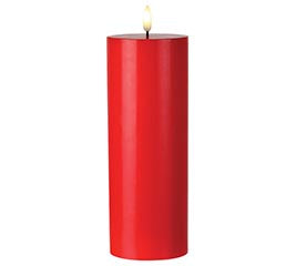 Red candle with a lit wick on a white background