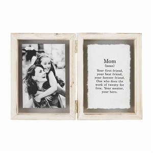 Double photo frame with a picture of two people hugging on the left and text on the right on a white background.