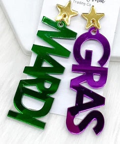 Mardi Gras-themed earrings with green, purple, and gold colors on a white background.