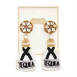 Pair of beaded earrings with 'Tequila' text on a gold card