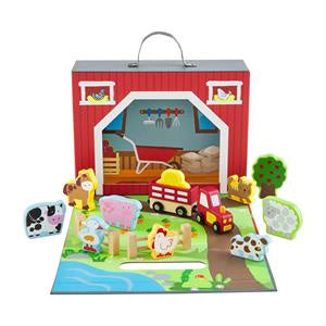 Toy set with a red garage-like structure, including a toy car and various farm animals on a green base.