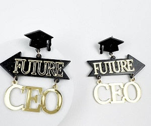 Earrings with graduation cap and 'Future CEO' text on a white background