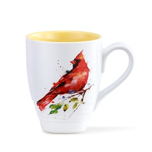 White mug with a red cardinal design on a white background