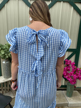 Load image into Gallery viewer, Blue Gingham Bardot Maxi Dress L