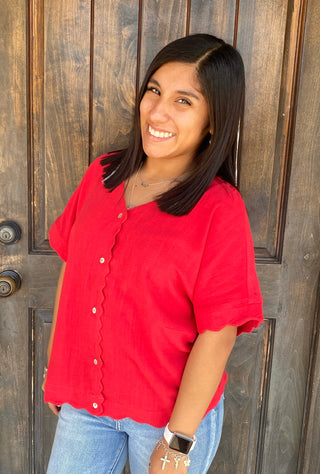 Scallop Hem Linen Blend Top Red