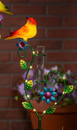 Neon Birds Solar Rain Gauge Garden Stake, 32"