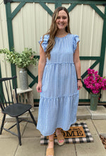 Load image into Gallery viewer, Blue Gingham Bardot Maxi Dress S