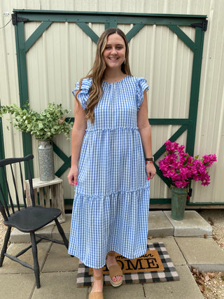 Blue Gingham Bardot Maxi Dress L