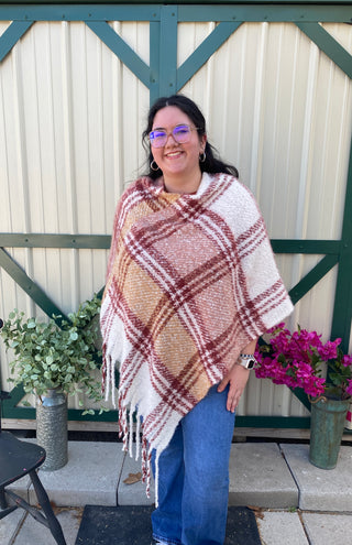 Poncho Thick Plaid Burgundy