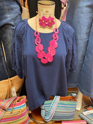Navy Embroidered Bubble Sleeve Blouse