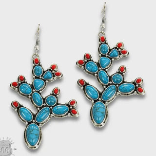 Pair of cactus earrings with turquoise and red stones 