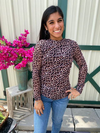 Leopard print long sleeve mesh top