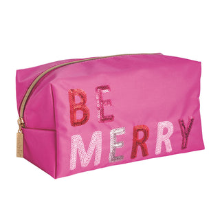 Pink toiletry bag with Be Merry in sequins