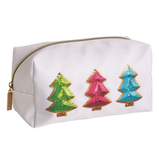 White toiletry bag with a green, pink, and blue sequin Christmas tree