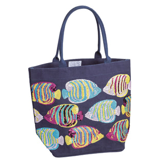 Navy tote bag with colorful fish pattern on a white background