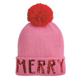 Pink beanie with red pom-pom and 'MERRY' sequin