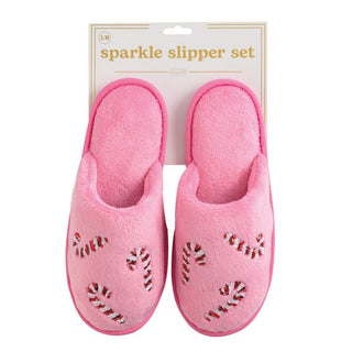 Pink slipper set with sequin candy cane designs