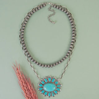 A silver-toned double-strand necklace with a large oval turquoise pendant surrounded by a floral halo of small turquoise stones, displayed on a light mint green background with a decorative pink plant stem at the bottom left.