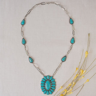 Silver paperclip chain necklace featuring teardrop turquoise accents and a large floral-cluster turquoise pendant.
