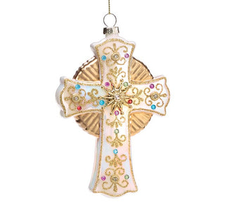 Decorative cross ornament with gold detailing and colorful beads
