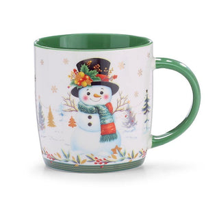 Mug with green accents and a happy snowman