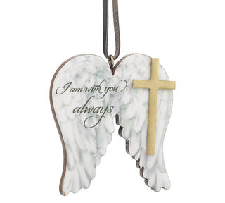 Decorative angel wing ornament with cross and 'I am with you always' text.