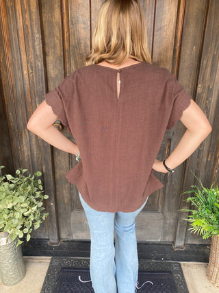Scallop Hem Linen Blend Top Espresso Plus