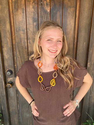Scallop Hem Linen Blend Top Espresso Plus