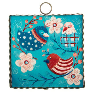 Round Top Charmwith colorful birds and flowers on a blue background