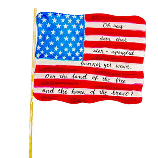 American flag with text on a white background