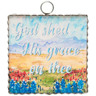 Decorative plaque with a scenic design and text 'God shed His grace on thee' against a mountain and field background.