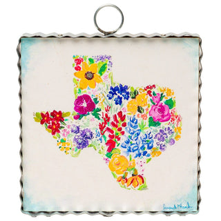 Colorful floral design in the shape of Texas on a white background