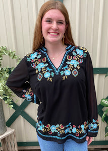 Black Floral w Turquoise Embroidered Top Plus