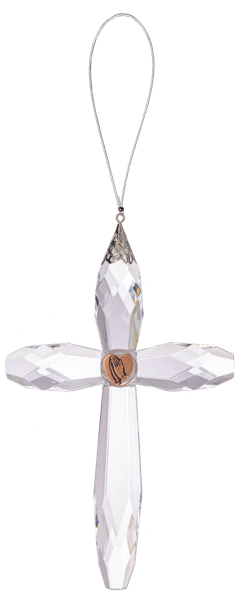 Clear crystal cross ornament with heart detail in the center