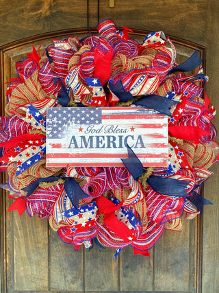 Wreath Mesh Patriotic God Bless Burlap