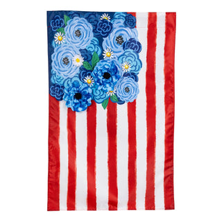 American flag with blue floral design on a white background