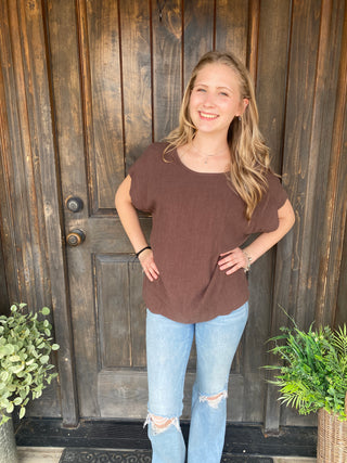 Scallop Hem Linen Blend Top Espresso Plus