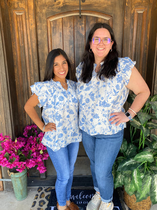 Blue Floral Ruffle Sleeve Blouse Plus