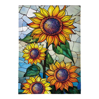A vertical rectangular art print featuring four stained-glass-style sunflowers with yellow, orange, and dark purple centers, green leaves, and a blue-and-white paneled background.