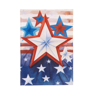 Decorative pillow with red, white, and blue star pattern on a white background