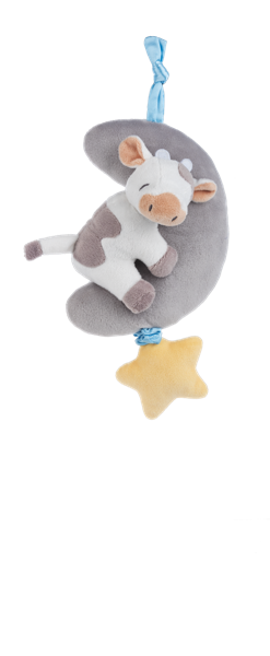 Plush cow toy with gray body and white face, hanging from a blue string 14" MUSICAL PULLDOWN COW